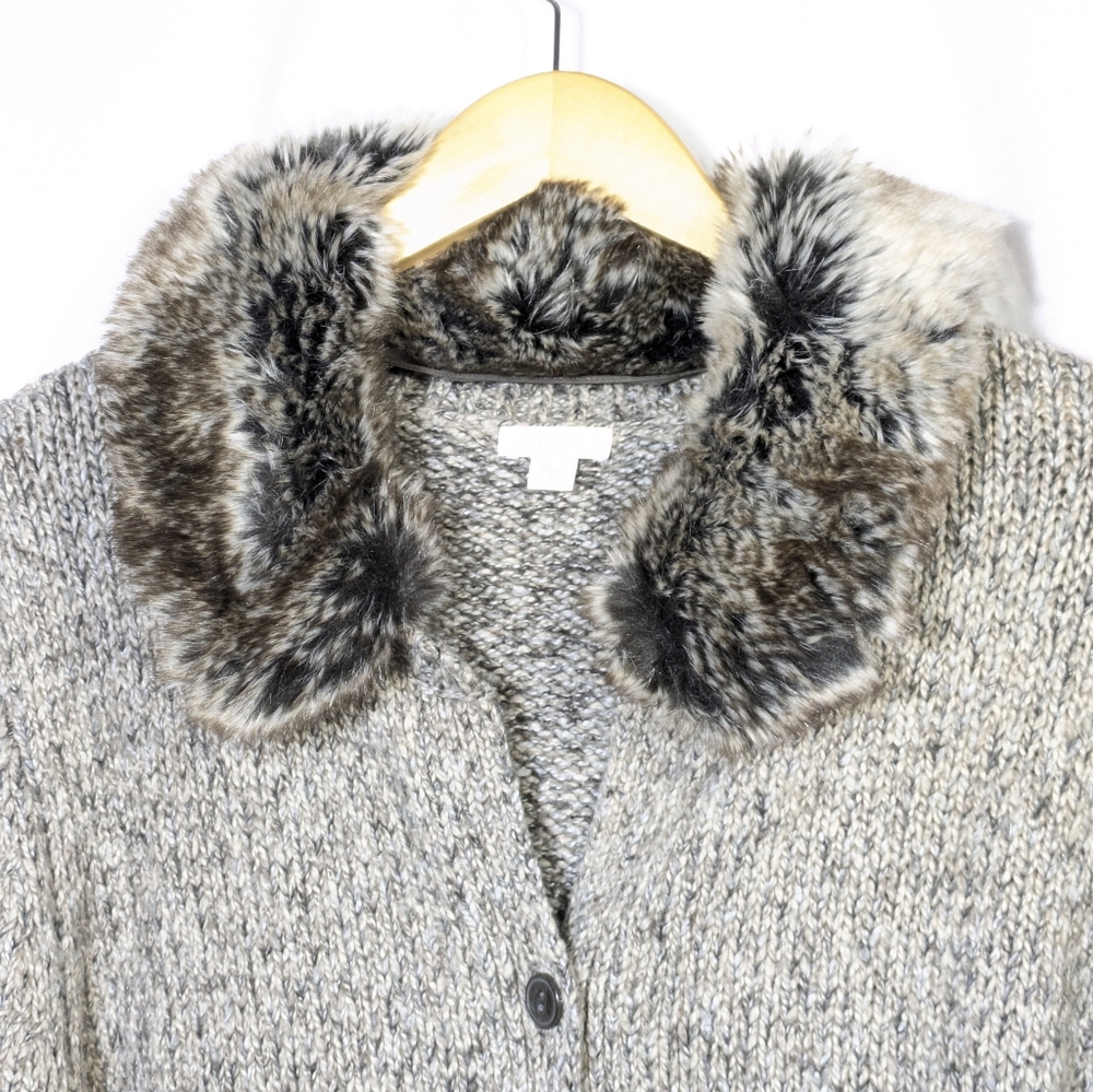 J Jill Women's Tweed Cardigan Sweater Coat Long Cardigan Faux Fur Collar XL - Picture 5 of 12